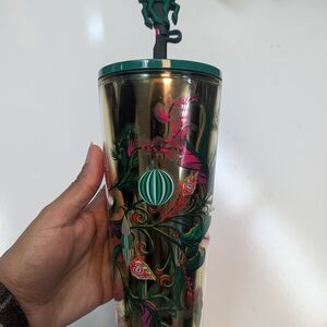 Starbucks Gold and Green Tumbler with Pink Accents
